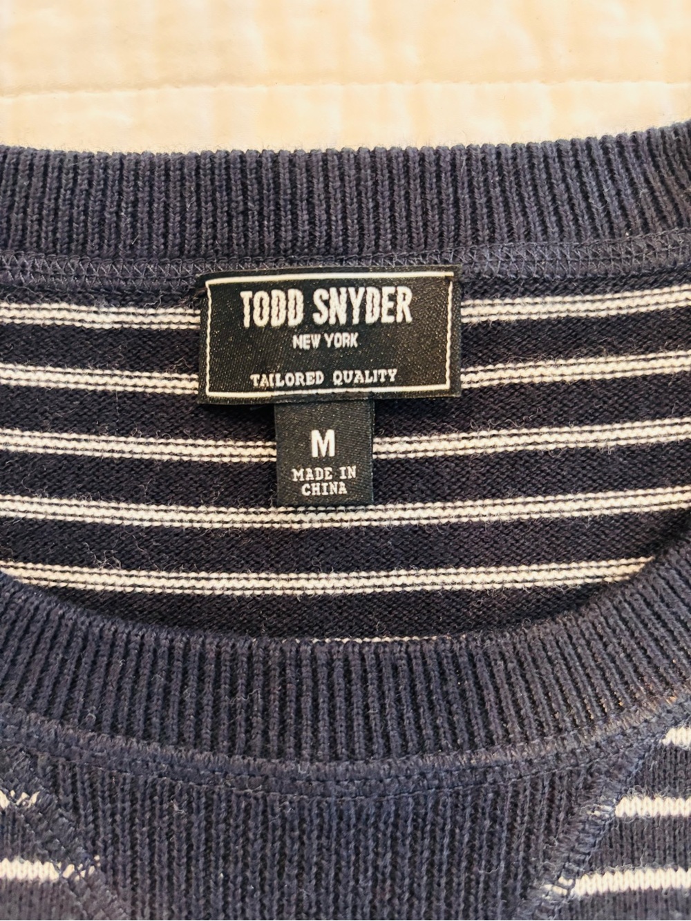 Todd Snyder Cotton-Cashmere Navy & White Striped Crewneck Sweater - Picture 3 of 12